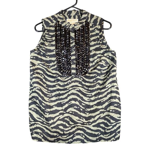 Michael Kors Women Blouse Black  Green Animal Print Beaded Sleeveless Small - Picture 1 of 11